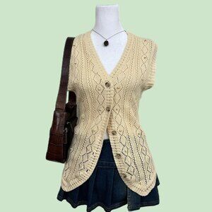 vintage 90s cream girly preppy granola pointelle knit beaded vest